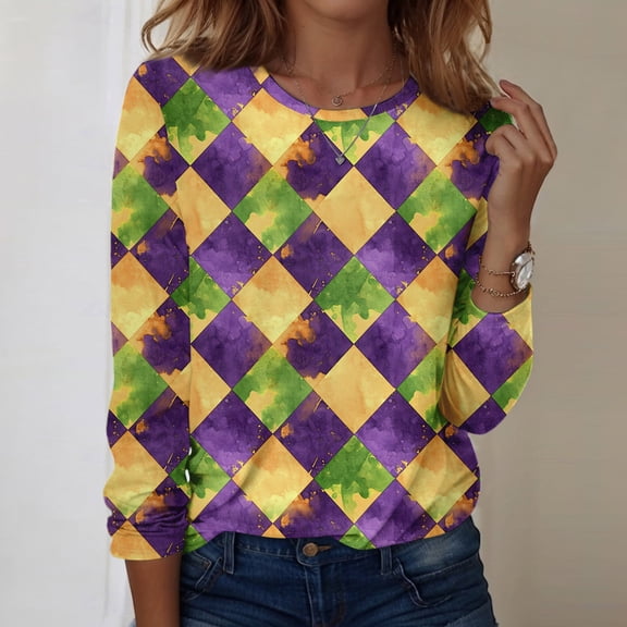 Resicozy Mardi Gras Shirt for Women 2026 Trendy Printed Crewneck Shirts Mardi Gras Long Sleeve New Party Tops Gold#1 3XL