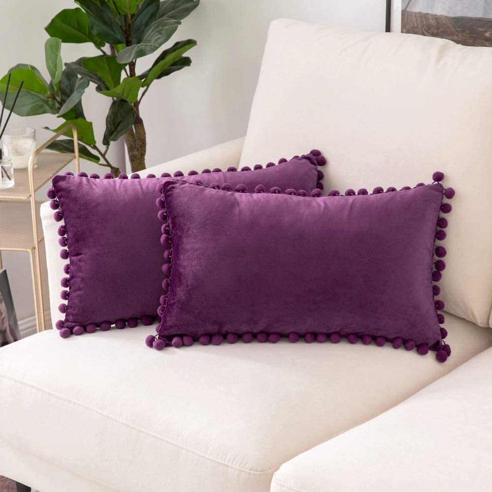 of 2 Velvet Throw Pillow Covers Pompom Decorative Pillowcases Solid Soft Cushion Covers with Square for Couch Sofa Bedroom Car 18x18inch Dark Green