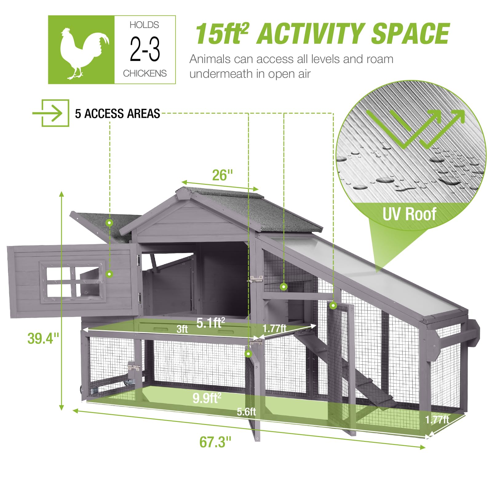 BUTINGLALE Outdoor Mobile Chicken Coop with Wheels Hen House with Nesting Box Wooden Bunny Cage Large Duck House with Run UV Roof Rabbit Hutch(Grey)