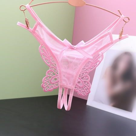 Pavied Thongs for Women Seamless Underwear Women Low Waist Traceless Mesh Embroidered Big Butterfly Open End Thong Cheeky Underwear No Show Underwear Pink One Size