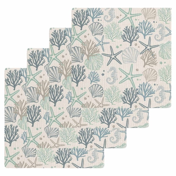 Aqua Teal Coastal Dish Towels Set,Waffle Weave Kitchen Towels 4 Pieces,Summer Beach Starfish Coral Nautical Rustic Microfiber Hair Face Bath Tea Towel Absorbent Cleaning Dish Cloths,12"x12"
