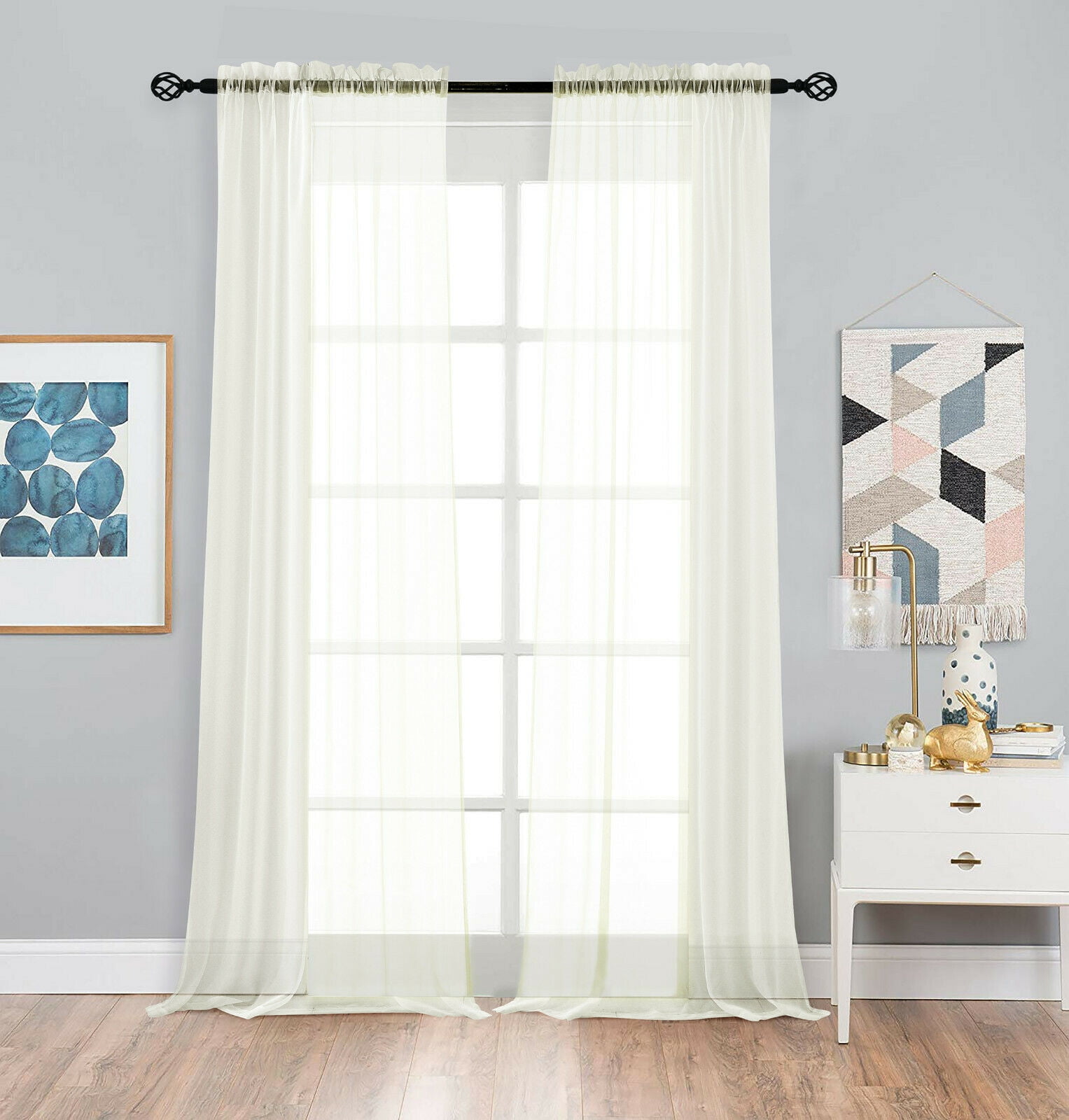 Basic Home Rod Pocket Sheer Voile Window Curtains - Ivory, 108 in. Long
