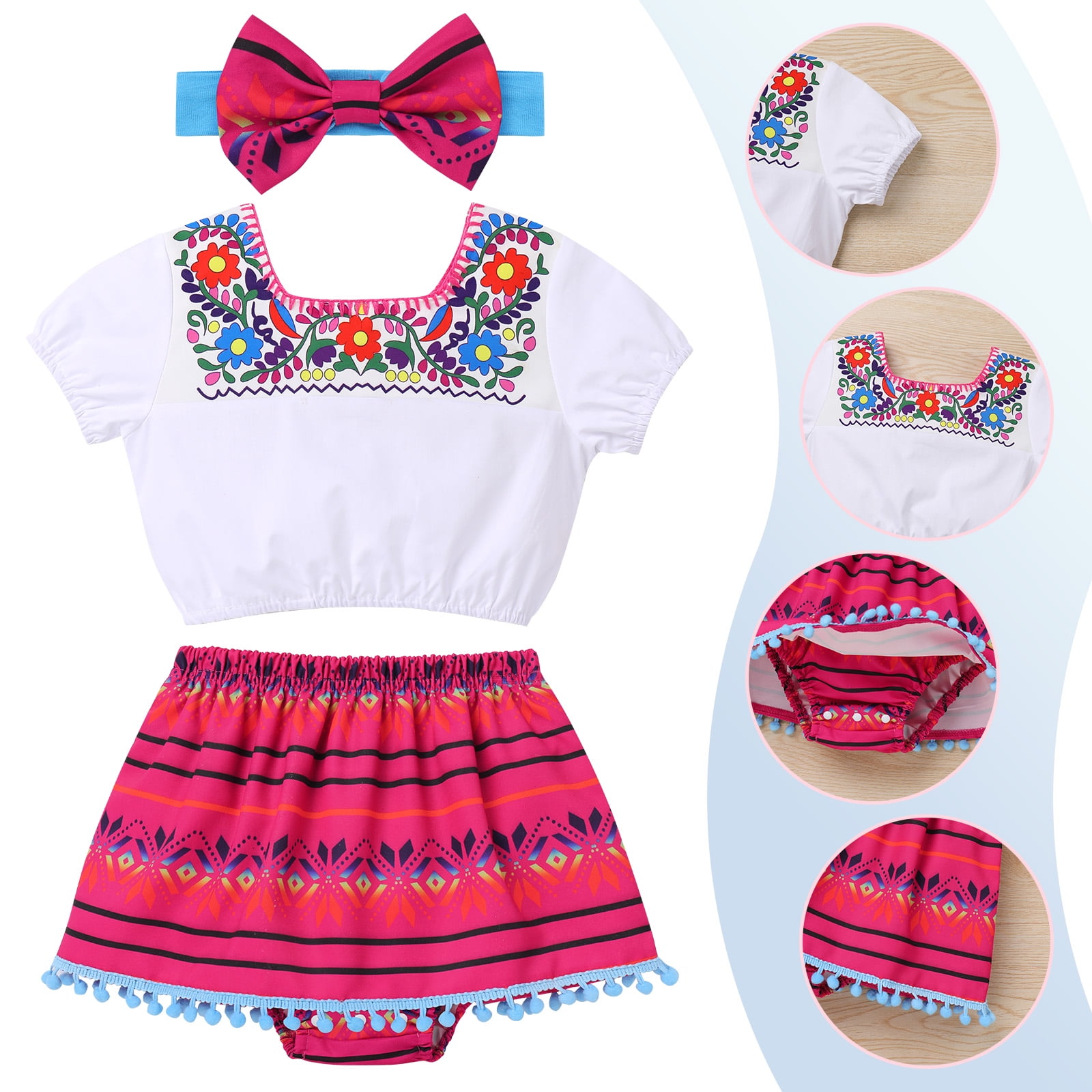 IBTOM CASTLE Toddler Baby Girls Mexican Traditional Fiesta Cinco de Mayo Outfit Floral Print Top Skirt Headband Photo Shoot Clothes 18 24 Months Hot Pink Walmart