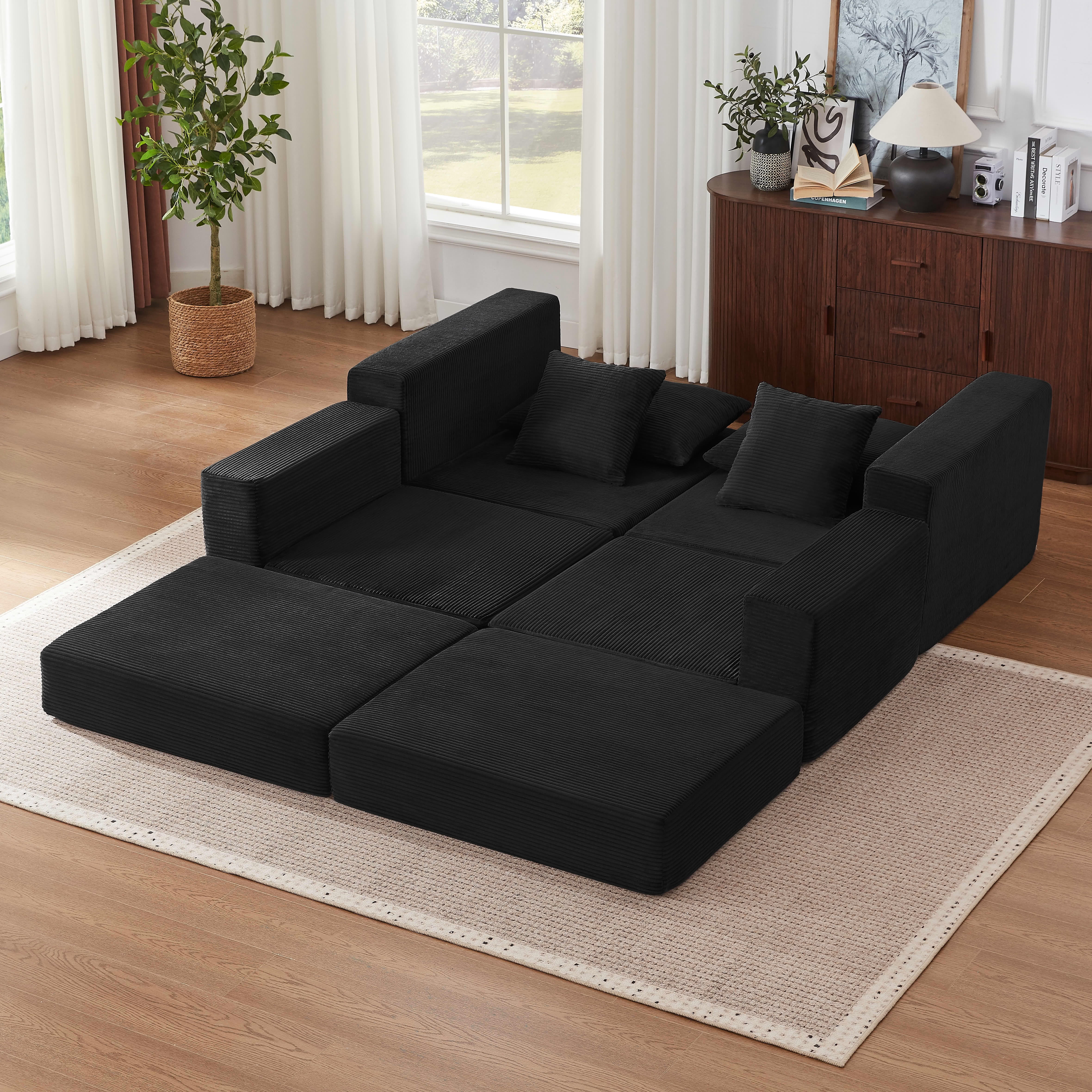 MAYEERTY Minimalist Corduroy Modular Sectional Cloud Sofa - Boneless Sleeper Couch for Customizable Living Spaces, Black