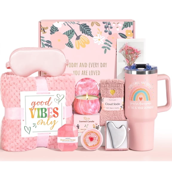Birthday Gifts for Women Self Care Gifts Get Well Soon Gifts, Relaxing Spa Gifts Basket Care Package w/Luxury Flannel Blanket 40 oz Tumbler, for Her Wife Mom Friends Sister