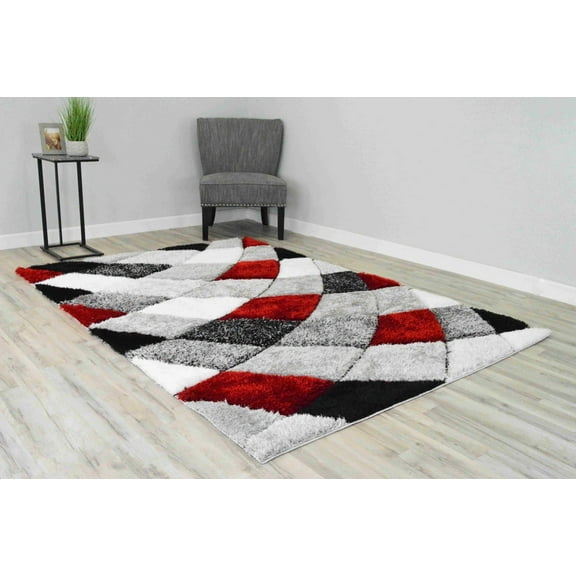 4D Shaggy Rug Hand Carved Plush Thick Modern Contemporary Abstract For Living Room Bedroom 6492 (7'8"x10'8",Red)