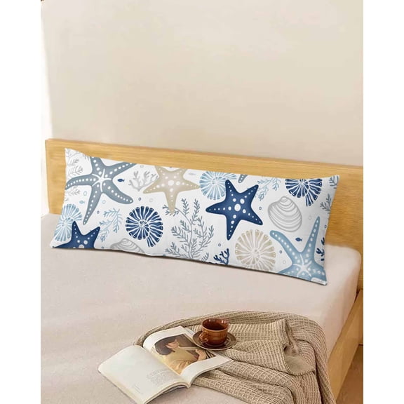 Blue Beach Starfish Body Throw Pillow Cover Case, Couch Sofa Bed Pillowcase, Soft Decorative Pillow Protector, Nautical Ocean Coastal Shell Coral 20x54Inch Long Reversible Pillow Shams with Zipper