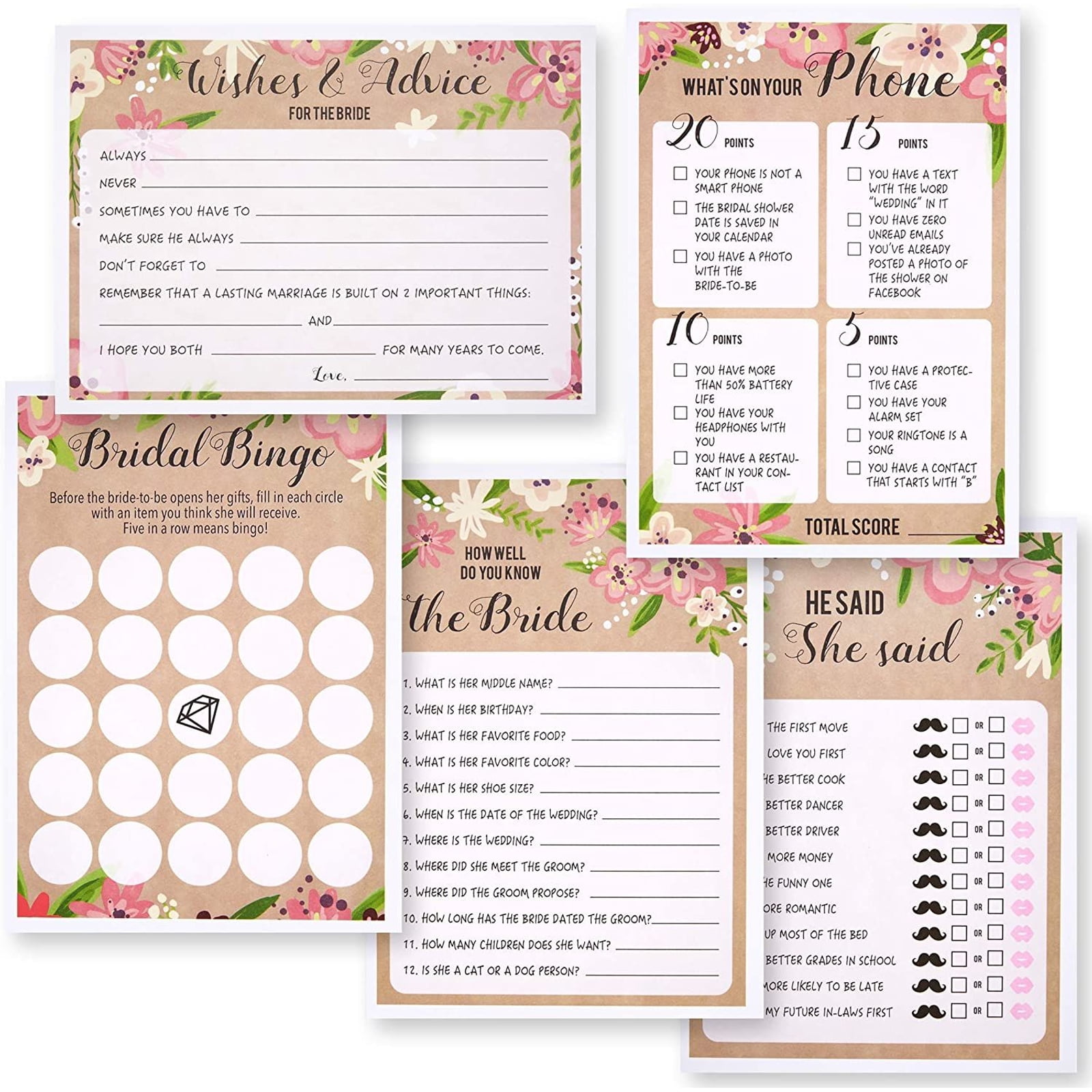 24 Bridal Shower Wedding Floral Damask Price Is Right Game Cards 5x7 