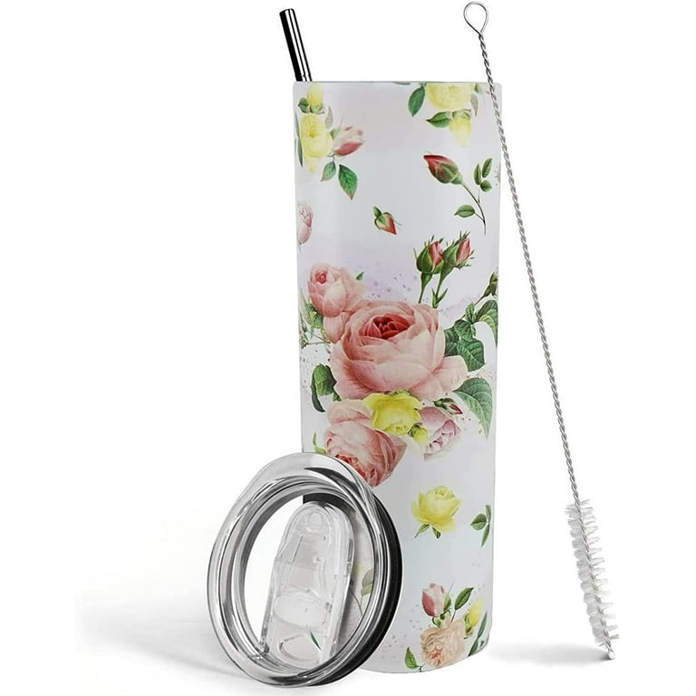 Steel Mill & Co 24 Ounce Tumbler with Lid and Reusable Straw, Floral Double Wall Insulated Travel Cup, Pink Rose