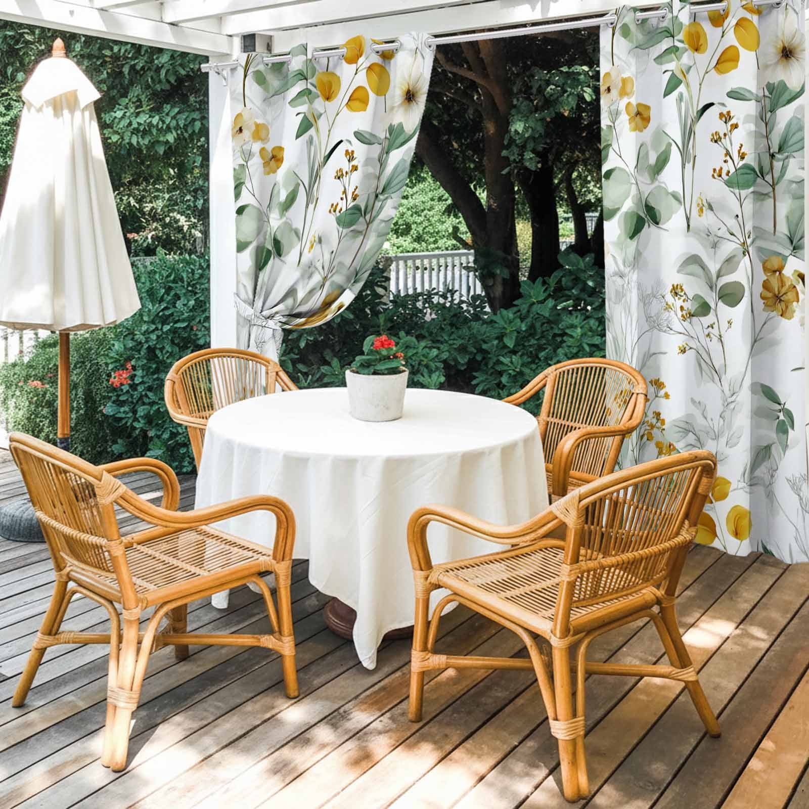 Outdoor Curtains for Patio Waterproof, Spring Flowers Windproof Pravicy Outside Porch Blackout Curtain, Country Green Eucalyptus Leaves Rustic Plants Sun Blocking Grommets Curtains54"x108"