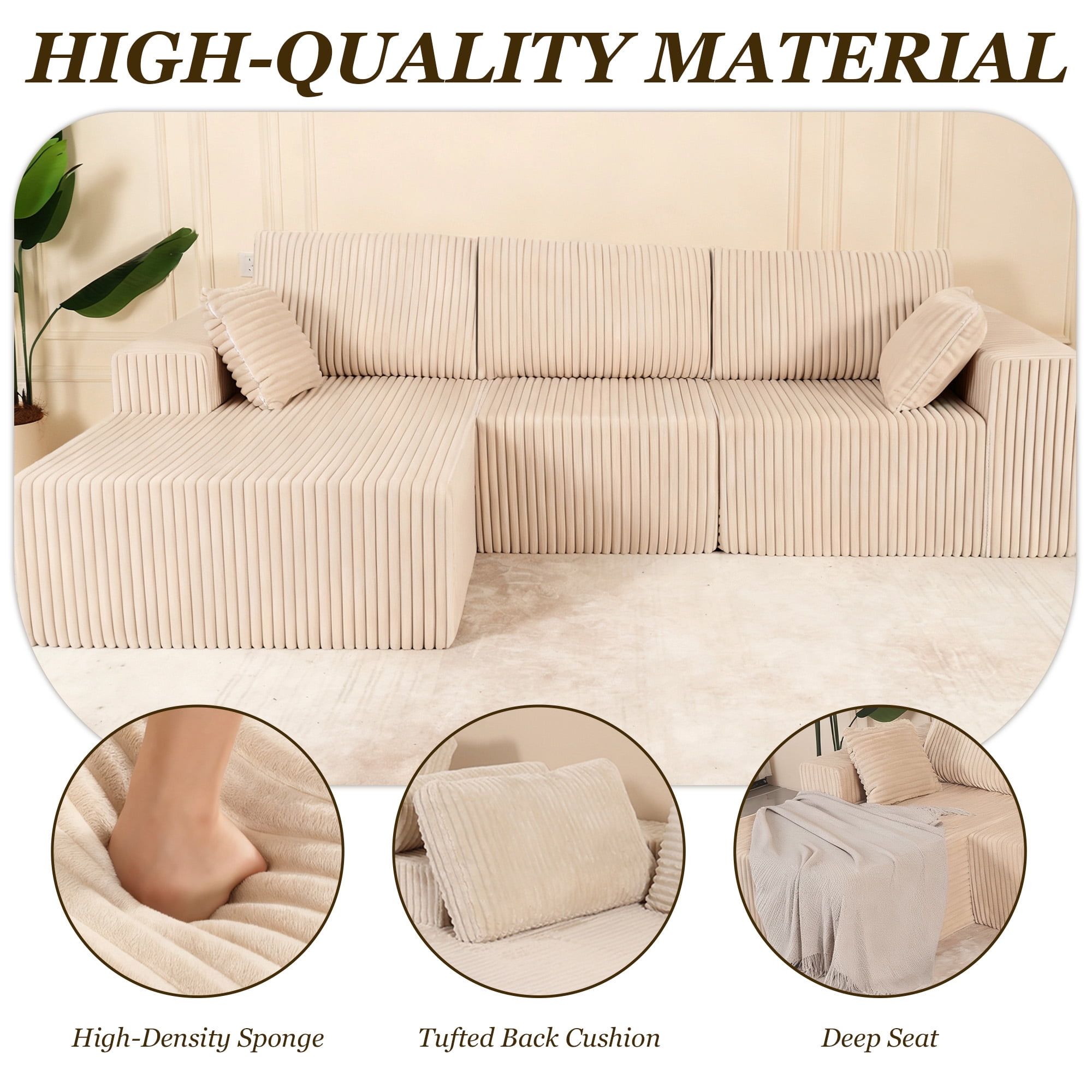MOONMISS 110" Cloud Sectional Couch with L-Shape Chaise, Modern Modular Sofa with Deep Seat, Upholstered Couches with Back Cushion for Living Room Bedroom, No Assembly Required, Beige