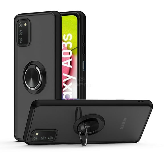 For Samsung Galaxy A03S / SM-A037 Impact Metal Ring Holder Stand Magnetic Car Mount Protective Hybrid Case Cover Black