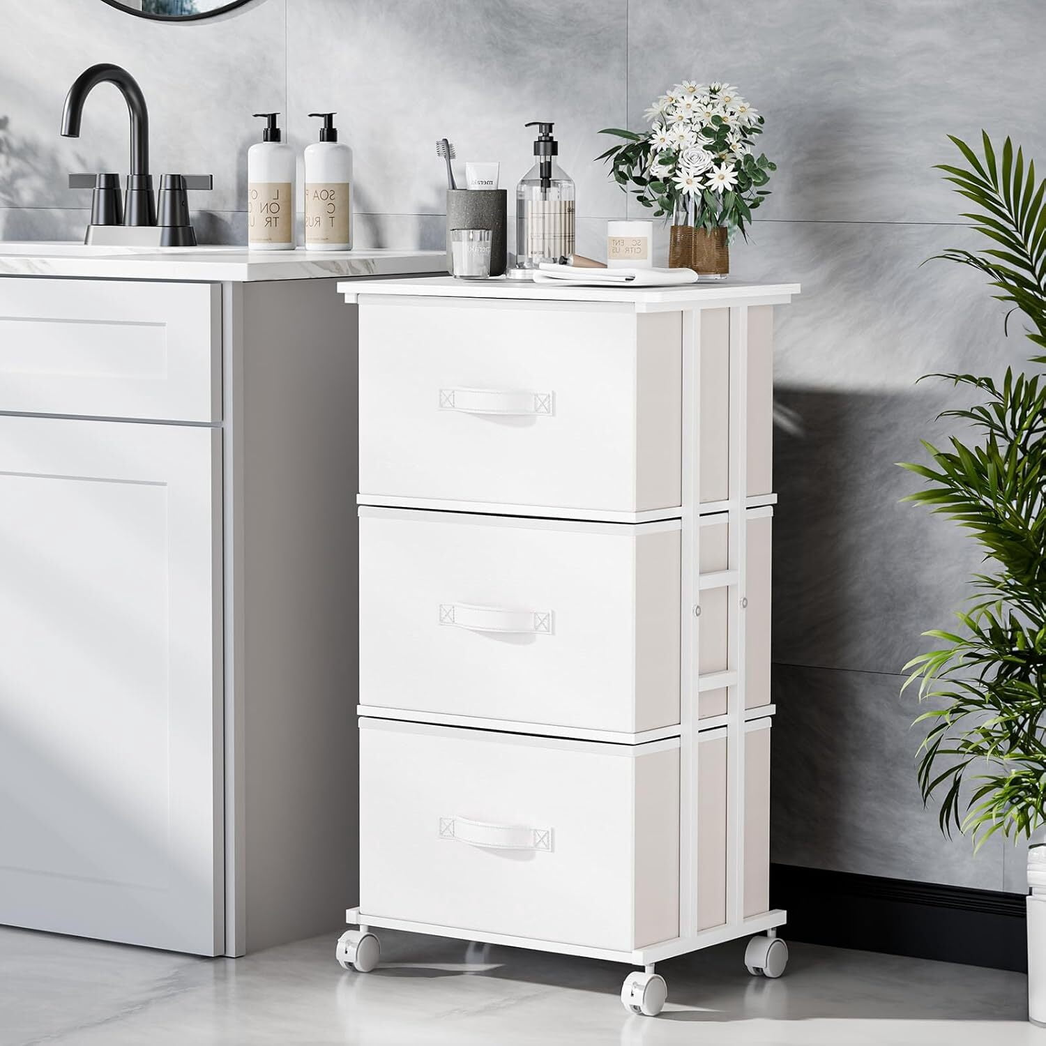 Bigleap 3-Drawer Rolling Fabric Dresser, Small Space Storage Cabinet with Wheels, Mobile Nightstand for Bedroom, Closet, Entryway, White