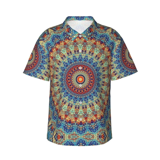 Balery Round Mandala Camisas hawaianas de manga corta para hombre, camisas playeras de corte holgado, camisas de vacaciones con botones,Medium