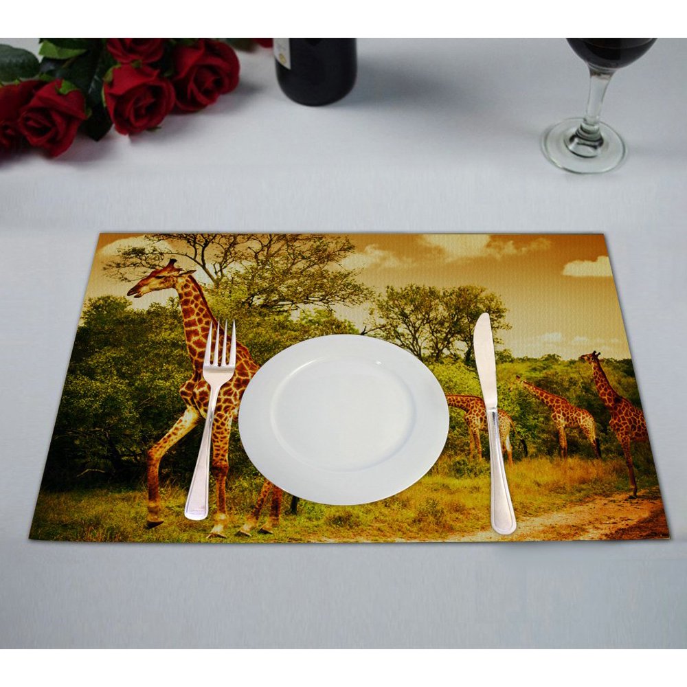 GCKG Wildlife African Safari Placemat, Giraffe and Animals Art Wild