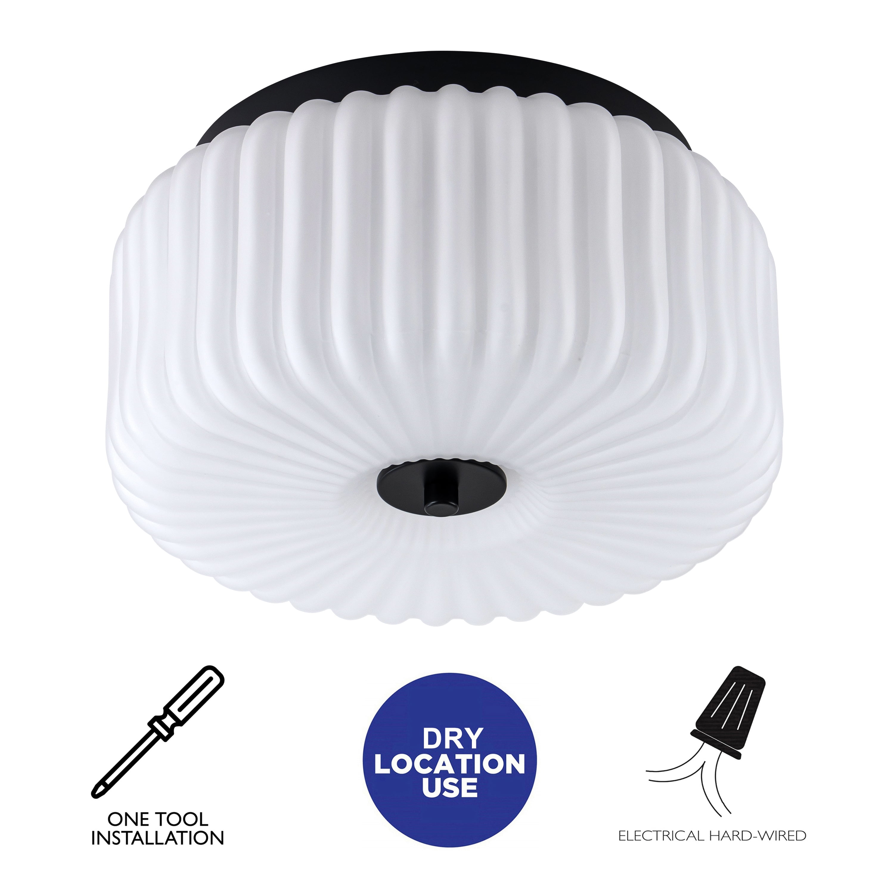 C Cattleya 10.75 in. Black Flush Mount Ceiling Light with White Ribbed Glass Shade
