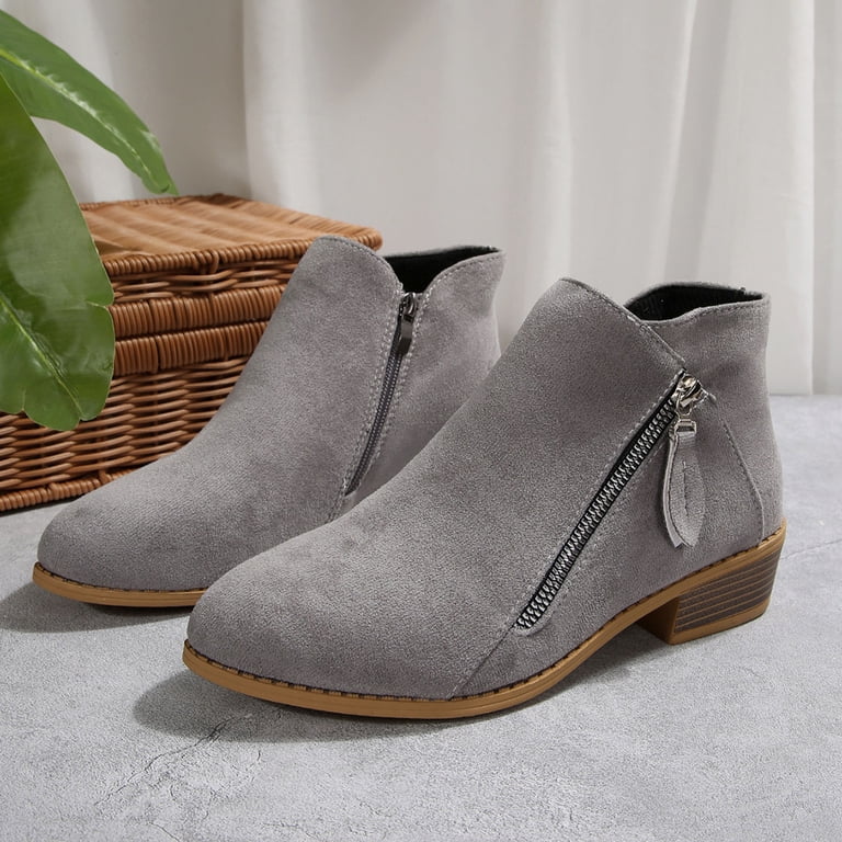 Gray Women Gray Suede Ankle Boots Side Zipper Low Heel  display picture 3
