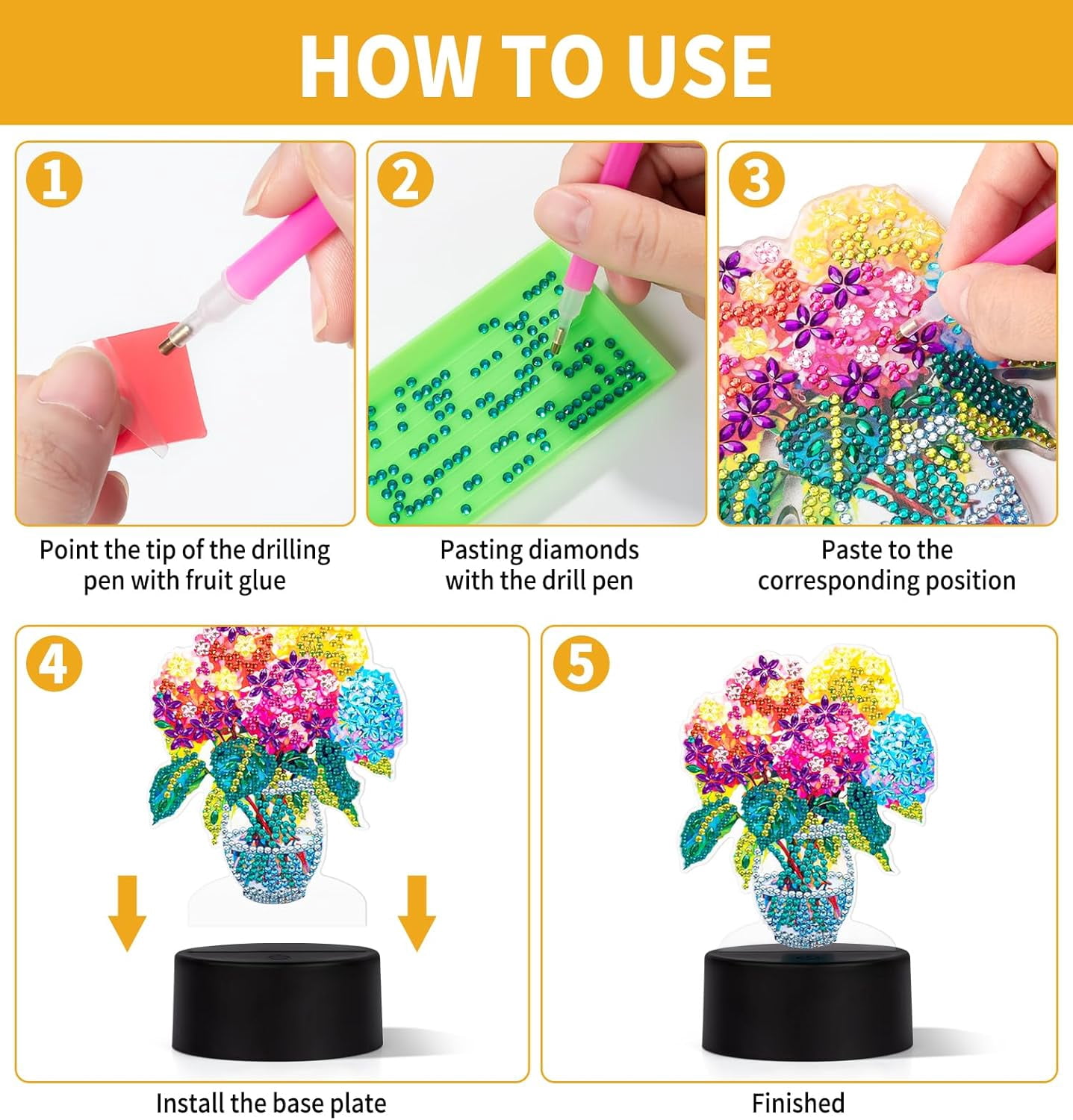 Flower Diamond Painting Night Light, Touch Lamp Desktop Ornament for Adults Beginners, Bedroom Living Room Decor