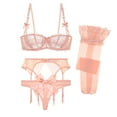 thumbnail image 6 of Varsbaby Lace Unlined Balconette Demi-Cup Bra Thongs Garter Belt and Stockings for Women, 6 of 6