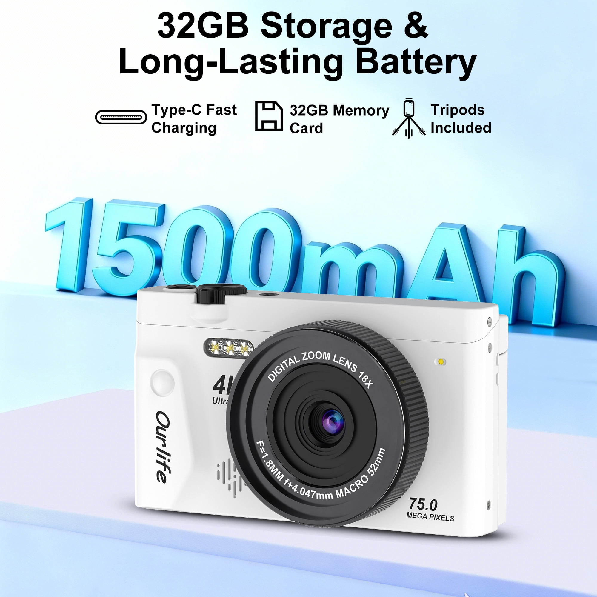 4K Digital Camera 75MP with Autofocus, 18X Zoom Vlogging Camera for Youtube, 3" Flip Screen, Compact Travel Camera for Teens, Includes 32GB Card & Tripod, White