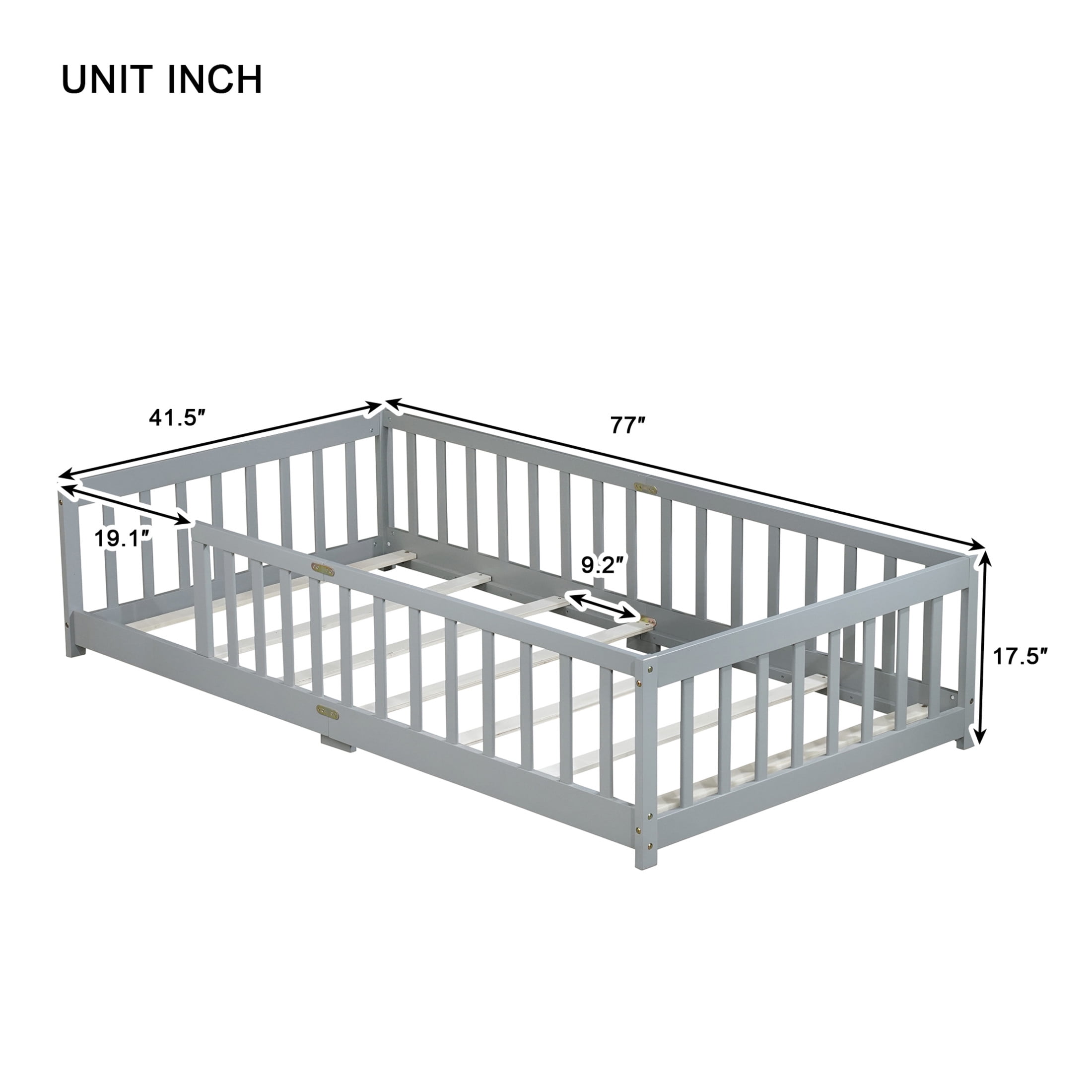 Noble House Erika Twin Floor Bed with Safety Fence, Rubber Wood Montessori Bed Frame, Kid's Room, Gray