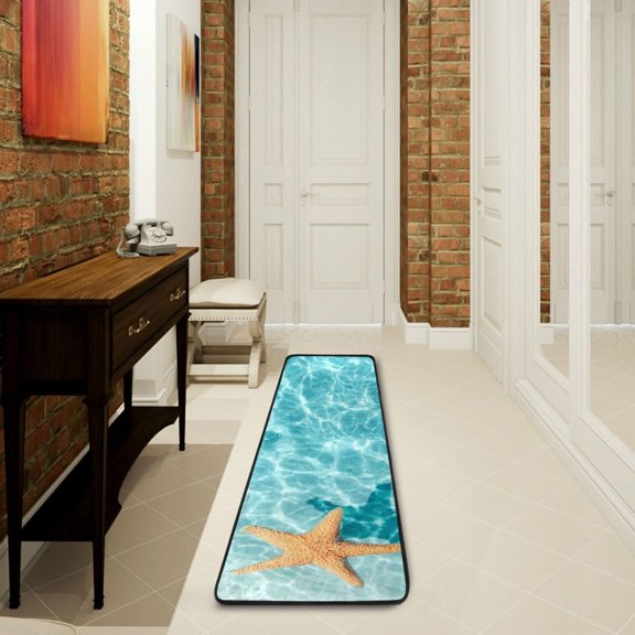 SKYSONIC 2'X6' Starfish Sea Water Runner Rug with Rubber Backing, Summer Beach Non Slip Entryway Rug Runner Washable Soft Area Rug Carpet for Hallway Bedroom Kitchen Decor