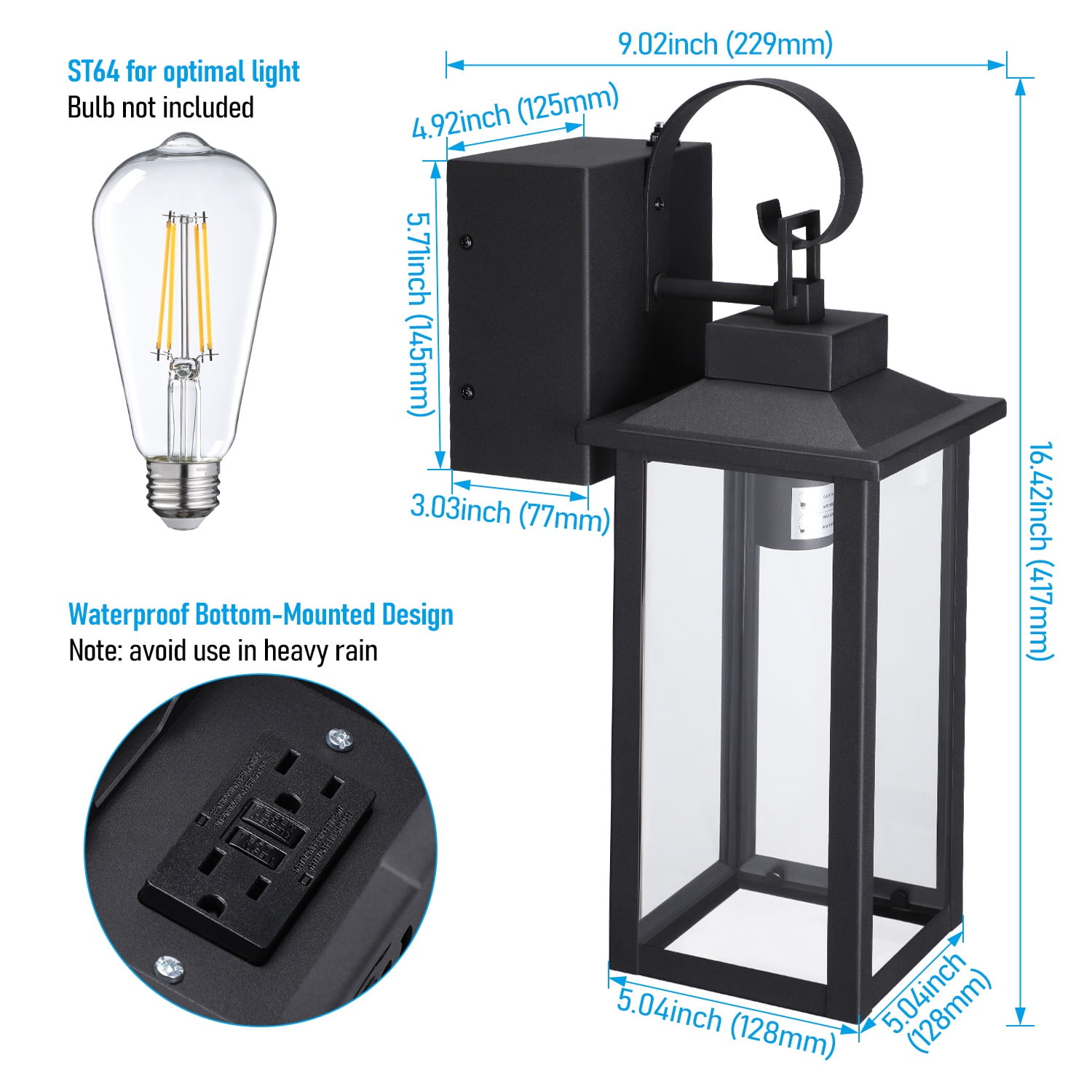 2 Pack Dusk to Dawn Outdoor Wall Lights, 16" Exterior Light Fixtures Wall Mount, Waterproof Black Porch Lights, Outside Wall Lantern for Entryway, Garage, Patio