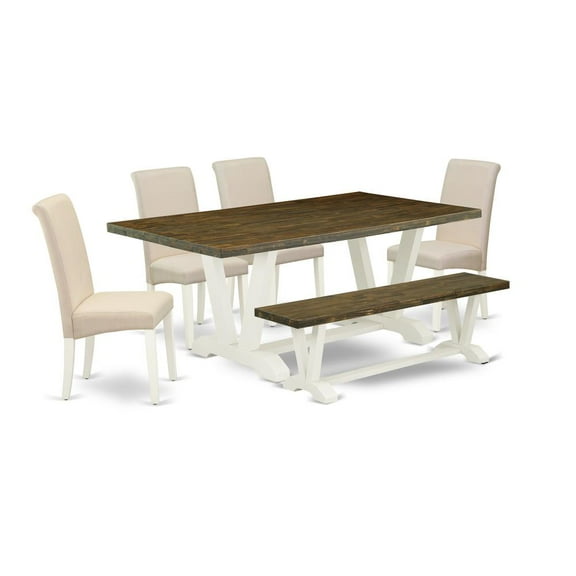 East West Furniture V-Style 6-piece Wood Dining Set with Small Bench in White