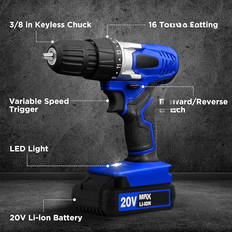 20V MAX Lithium lon Cordless Drill Set, Power Drill Kit with Battery and Charger, 3/8-Inch Keyless Chuck, Variable Speed, 16 Position and 22pcs Drill Bits (blue)