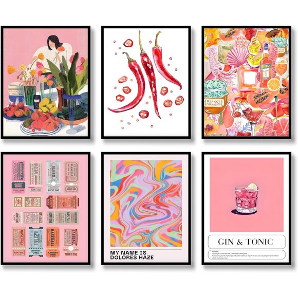 Retro Wall Art Prints Set of 6 Aesthetic Gallery Pink Preppy Canvas Posters Trendy Maximalist Eclectic Canvas Funky Retro Coquette Wall Decor for Living Room Bedroom Corridor (D, 11"x14" UNFRAMED)