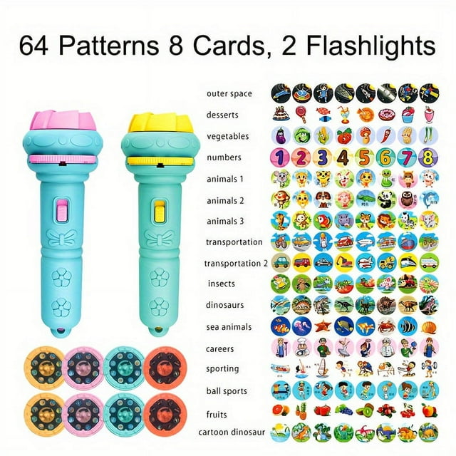 2pcs Flashlights 64 Patterns 8 Cards, Children's Projection Flashlight, Educational Toy Animal Dinosaur Vehicle Space For Fun Cognition Bedtime Education