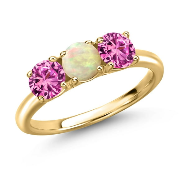 Gem Stone King 18K Yellow Gold Plated Silver White Ethiopian Opal and Pink Created Sapphire Engagement Ring for Women | 1.40 Cttw | Round Cabochon 5MM | Gemstone October Birthstone | Size 6