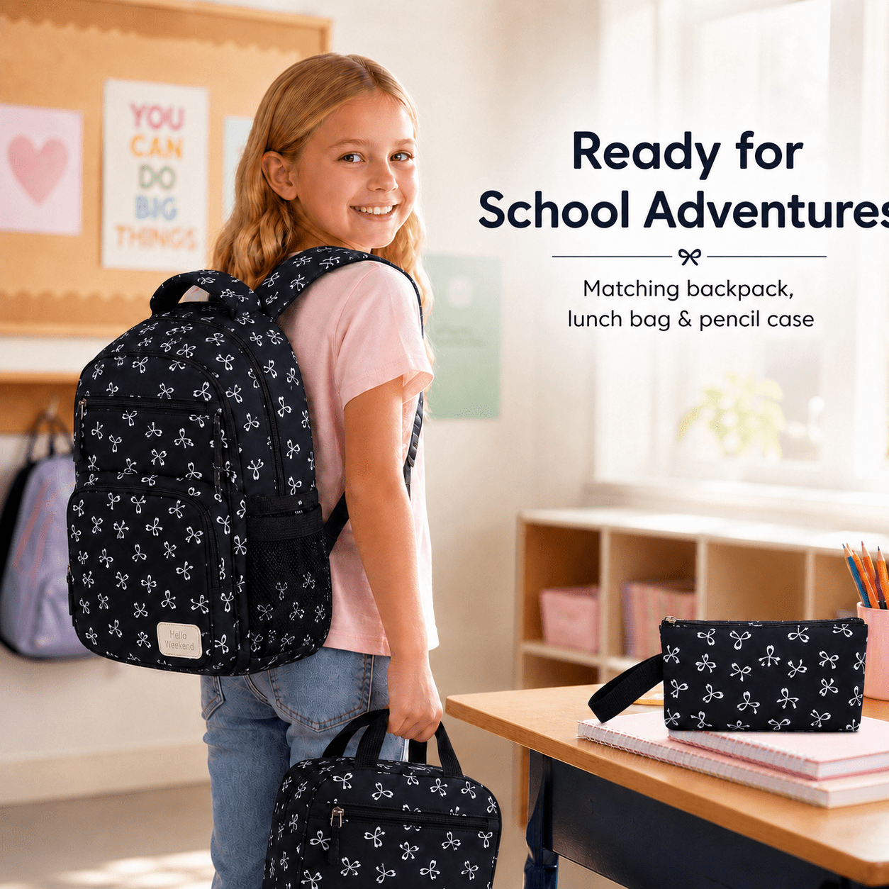 Soda Candy Girls Backpack Set 3pcs Coquette Bow School Bookbag for Kids Cute Kawaii Printed Book Bag with Lunch Bag Pencil Pouch