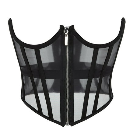 WNVMWI Women s Lace Up Boned Jacquard Brocade Waist Training Corset Shapewear Zippered Tulle See Through Side Gathering Shapewear Lingerie Bustier Black