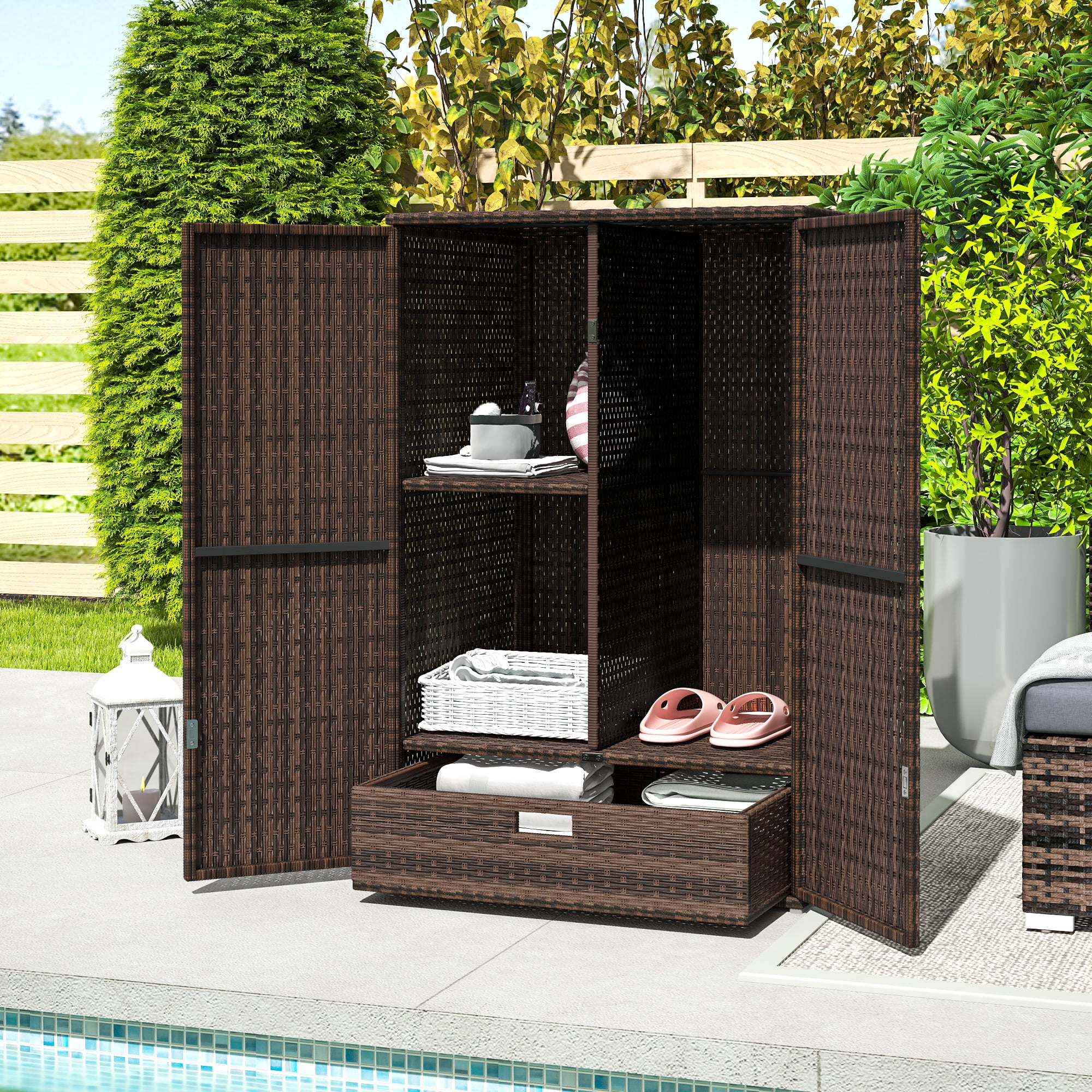 Outsunny Wicker Outdoor Storage Cabinet with Shelves, 2-Door