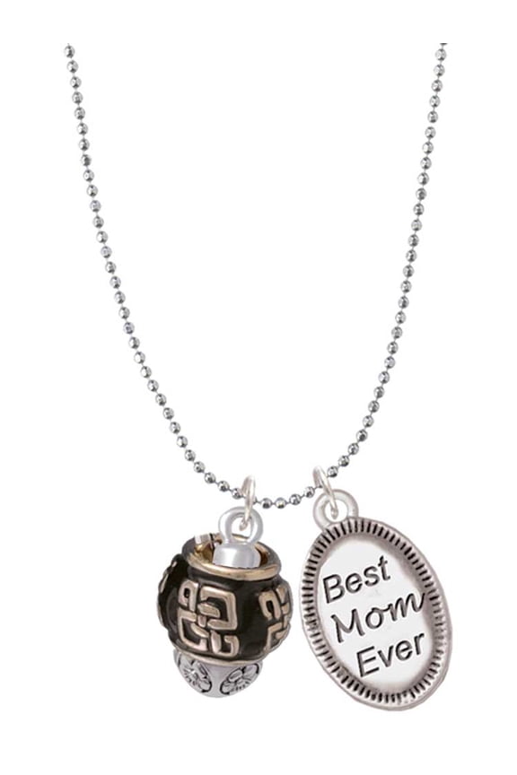 Silvertone Chinese Pattern on Black Spinners Best Mom Ever Charm Necklace