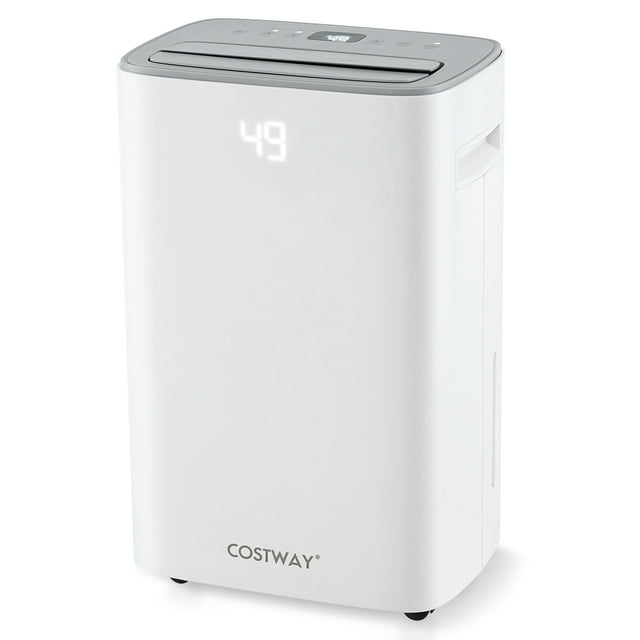 Costway 52 Pint Dehumidifier for Basement 4500 Sq. Ft Portable Dehumidifier 24H Timer. A white, rectangular dehumidifier with a compact design, featuring a digital LCD screen displaying real-time humidity levels. Equipped with a smart control panel on top, it offers 3 modes, 2 fan speeds, and a 24-hour timer. Includes a 0.66-gallon water tank and a 3.3 ft drain hose for manual or gravity drainage. Portable with 4 smooth wheels and safety features like a child lock and auto defrost. Ideal for large spaces up to 4500 sq. ft.