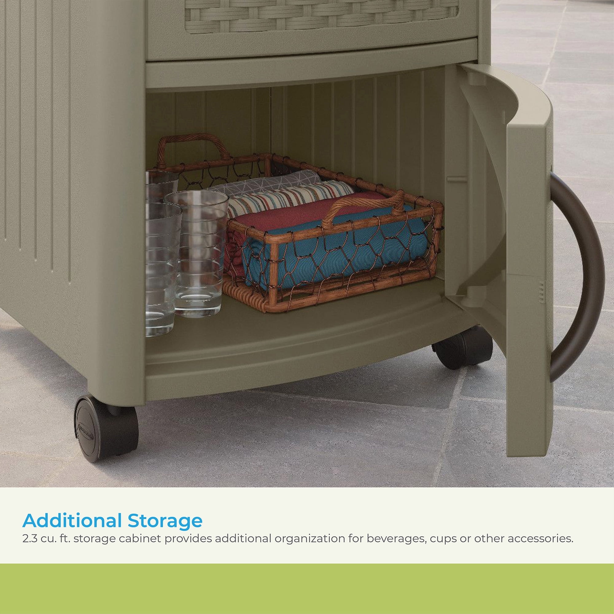 Suncast Wicker Outdoor Patio Cooler Cart with Cabinet, Java Brown