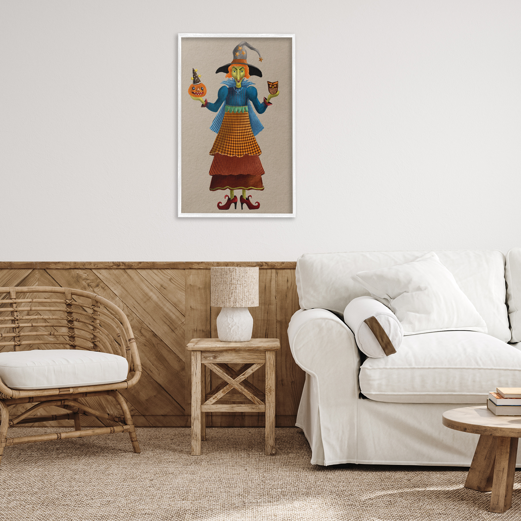 Stupell Industries Halloween Witch in Plaid Holiday Painting White Framed Art Print Wall Art, 20 x 30