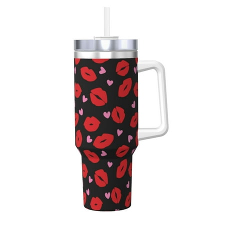 

Gaeub lips and hearts Print Stainless Steel Hot/Cold Coffee Cup 40oz Ice Bully Cup With Handle And Straw Travel Coffee Cup