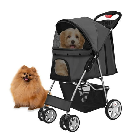 Pet Stroller (Black) Dog Cat Small Animals Carrier Cage 4 Wheels Folding Flexible Easy to Carry for Jogger Jogging Walking Travel Up to 30 Pounds with Sun Shade Cup Holder Mesh Window
