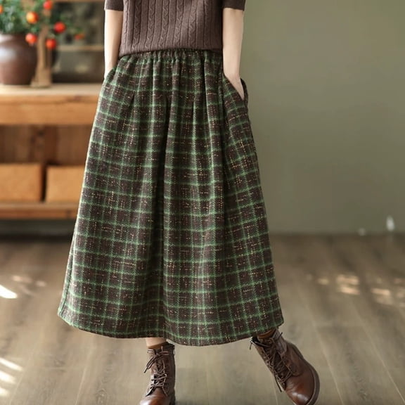 Women Plaid Skirt with Pockets Midi Length Vintage A Line Skirts (Green L)