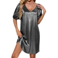 thumbnail image 2 of Gamivast Party Dresses for Women Puff Sleeve V-Neck Shiny Cocktail Dress Soft Velvet Dress Solid Metallic Loose Fit Shimmer Night Out Club Holiday Prom, 2 of 7