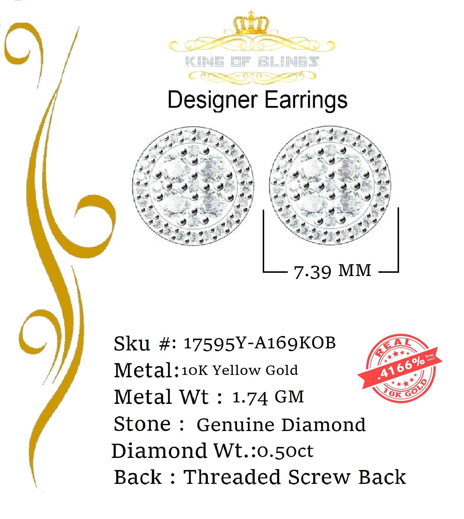 King of Bling's 10K Real Yellow Gold Real Diamond 0.50CT Men's/Women's Stud Round Earrings