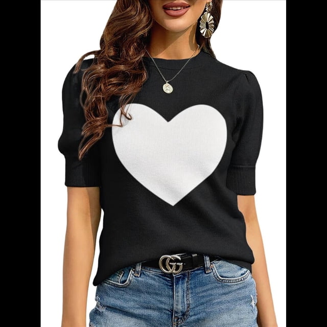 Suéter de Corta Abullonada para Mujer, Informal, de Verano, con Cuello Redondo, Blusa de Punto Acanalado. Negro S