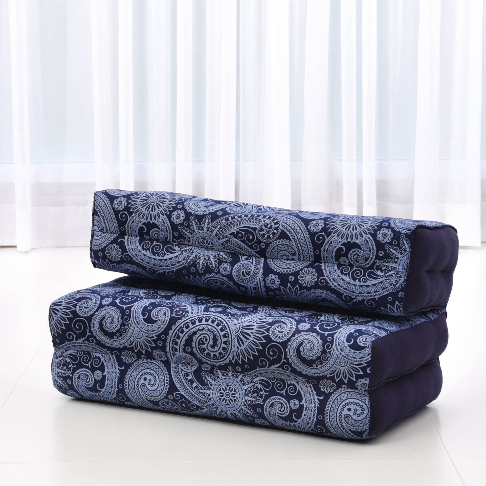 Leewadee Foldable Floor Mattress – 2 in 1 Floor Meditation Mat for Yoga and Relaxation, Seating Futon with Kapok, 20 x 28 inches, Blue White