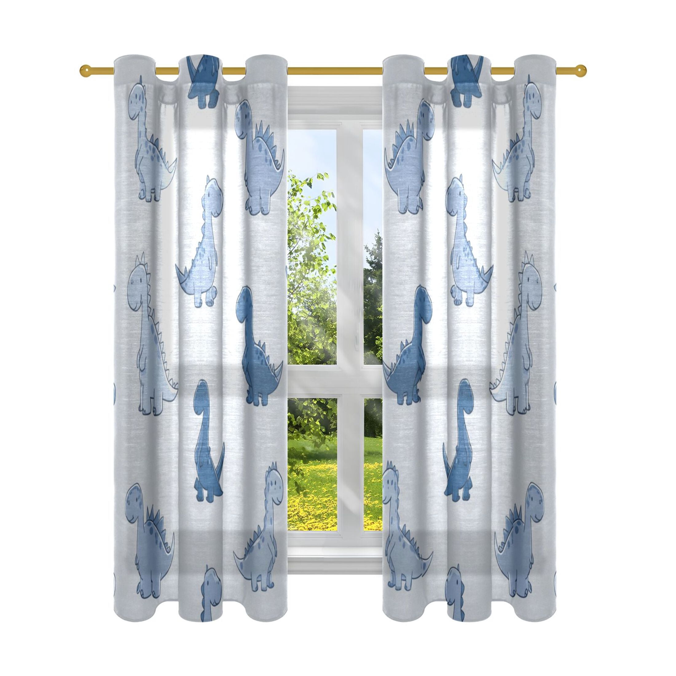 2 Panels Set Blackout Curtains Thermal Insulated Sun Protection Room Darkening Drapes for Bedroom Cute Blue Dinosaurs