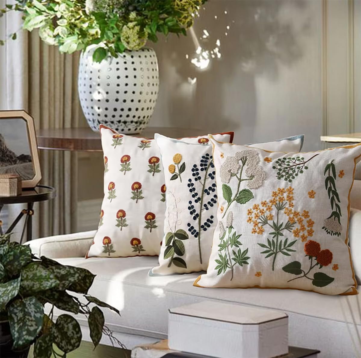 Fennco Styles Embroidered Spring Floral Decorative Throw Pillow Cover 18" W x 18" L - Red Flower Woven Cushion Case for Home, Couch, Living Room, Bedroom, Office and Holiday Décor