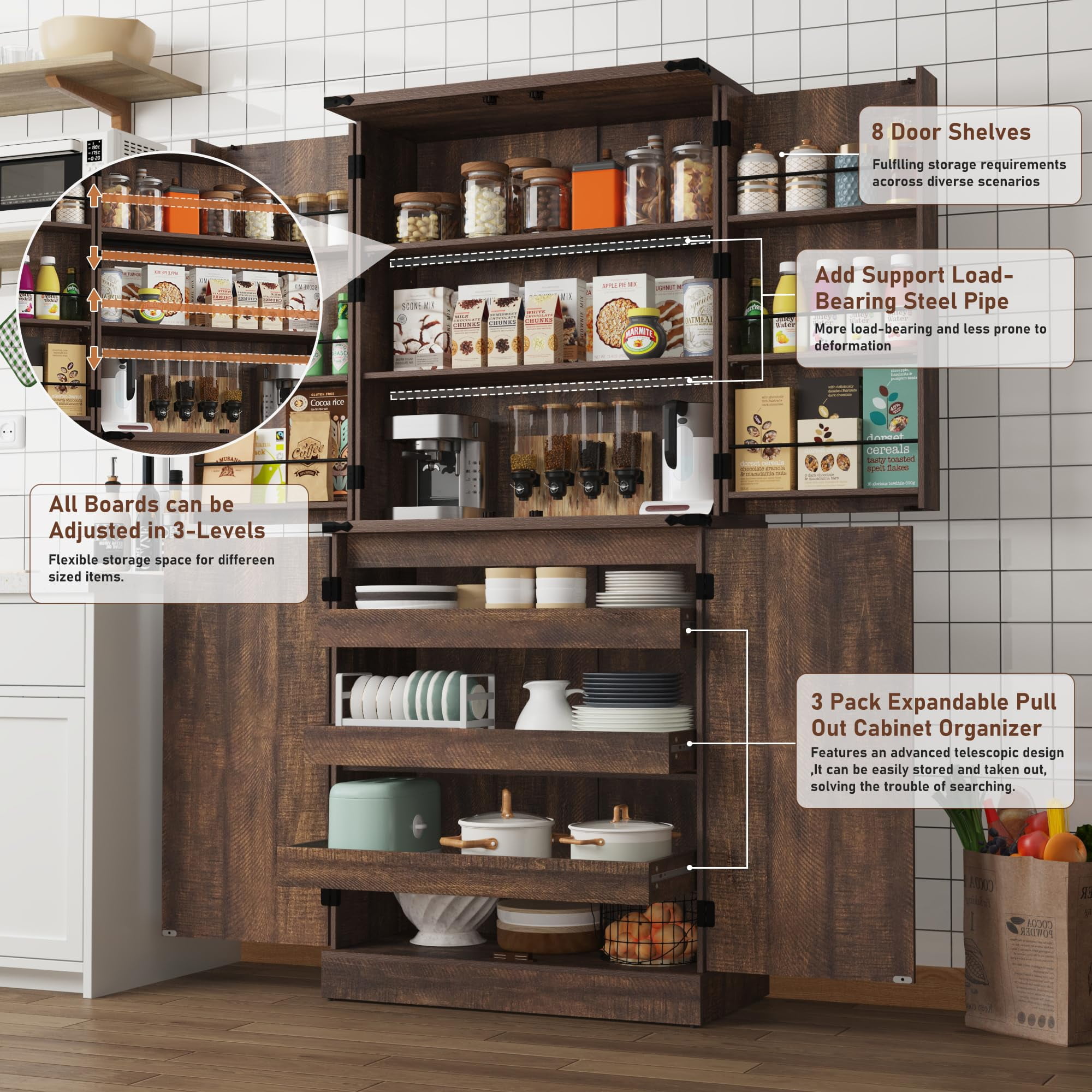 ChVans Farmhouse 71" Tall Kitchen Pantry with 6 Hanging Shelves, 4 Barn Doors Pantry Storage Cabinet with 3 Drawers & Load-Bearing Steel Pipe for Kitchen, Dining Room, Living Room, Rustic Brown
