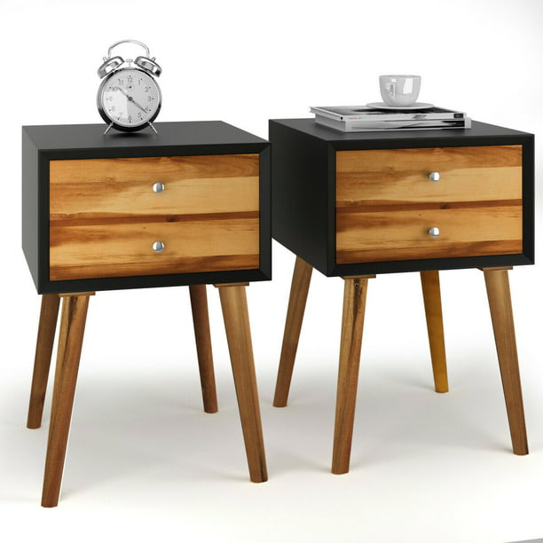 Gymax 2PCS Wooden Nightstand Mid-Century End Side Table Living Room W/2